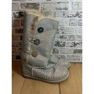 Shiekh Rhinestone Tall Boots Women 8 Silver Good Bling Faux Fur